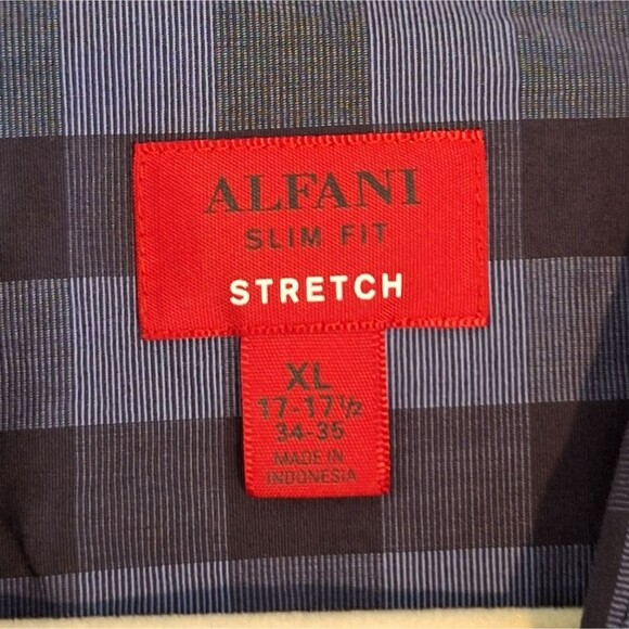 ALFANI SLIM FIT STRETCH XL 17.5" x 35" COTTON BUTTON UP BLUE BLACK BUFFALO CHECK - Picture 6 of 7